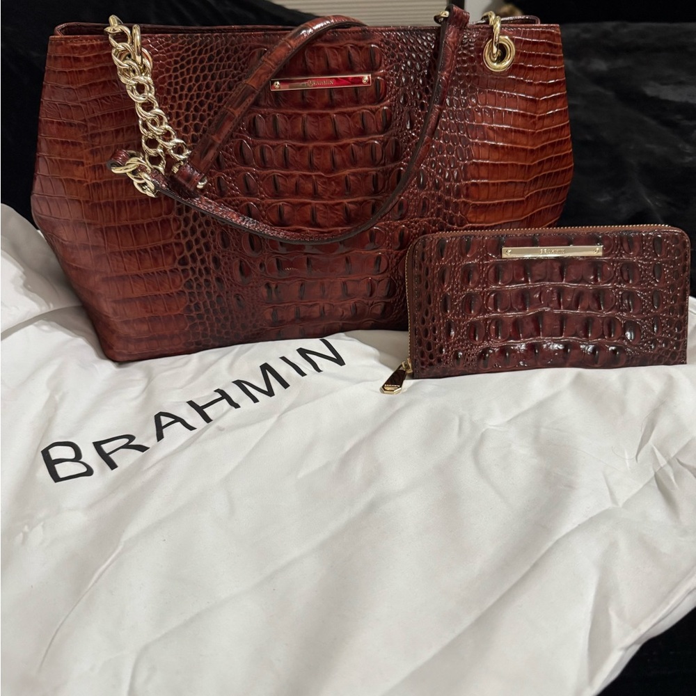Brahmin Tan Crocodile-Embossed Shoulder Bag